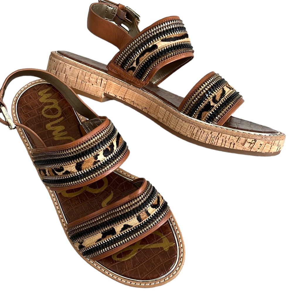 Sam Edelman Brown, Black and Tan Cork-Trim Leopard Zip-Detail Sandals